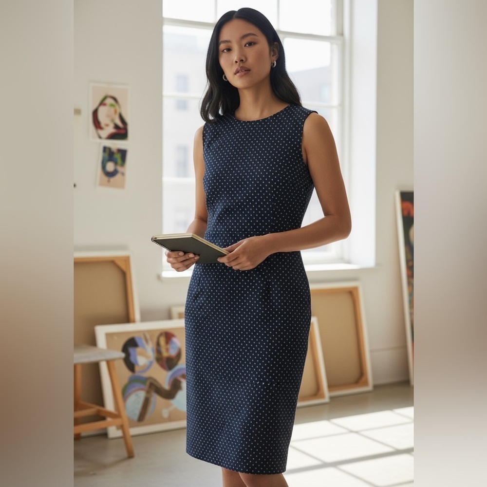 Lafayette 148 Harpson navy and light blue polka dot midi sheath dress